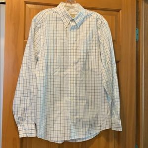 White, green and blue plaid button down shirt